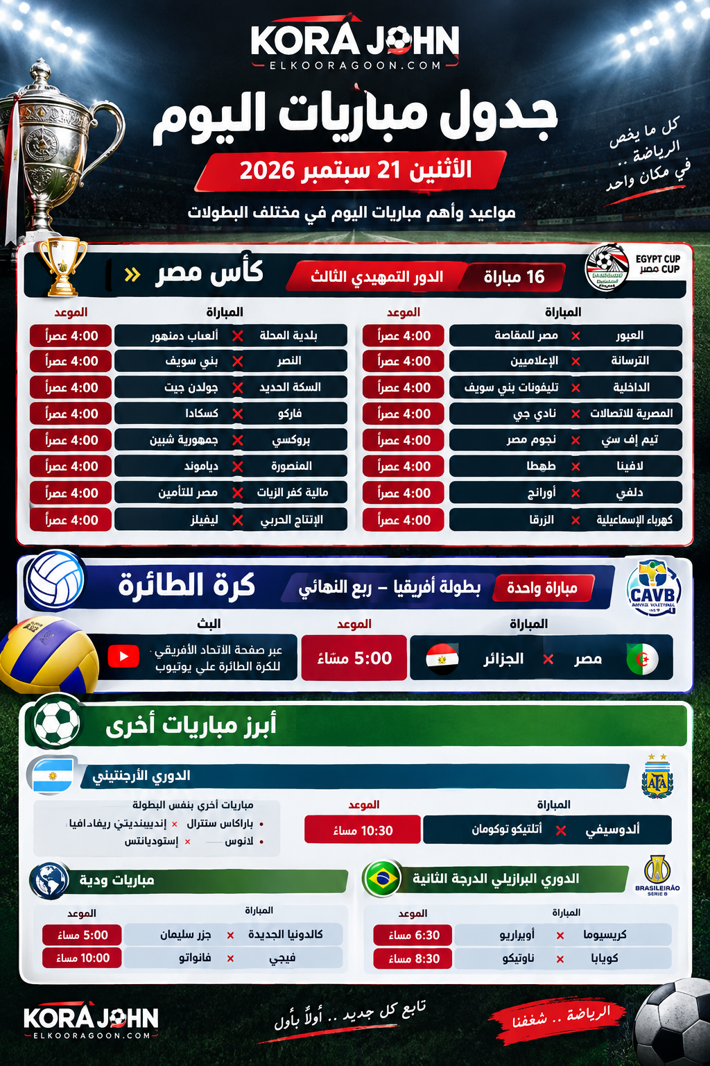 جدول مباريات اليوم الإثنين 21 سبتمبر 2026.. 16 مباراة في كأس مصر ومواجهة قوية لمنتخب الطائرة